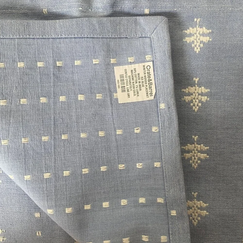 Crate &‎ Barrel Winter Woods Napkins Placemats 11pcs Ice Blue Cotton Embroidered